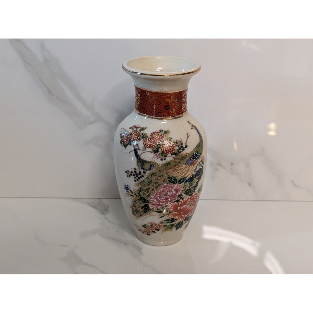 Vintage Japanese Satsuma Peacock Porcelain Vase Crackle Glaze Floral Gold Trim